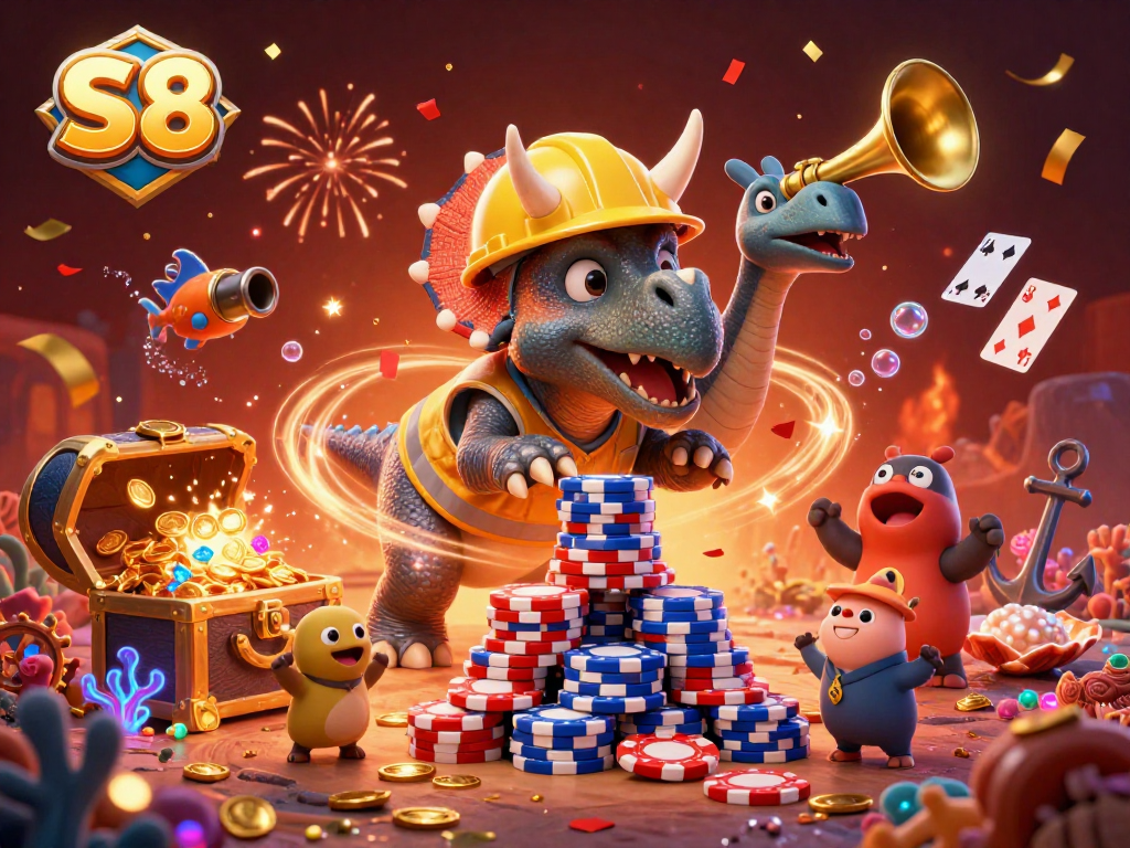S8 offers thrilling underwater gaming, featuring a triceratops and treasure bursts.