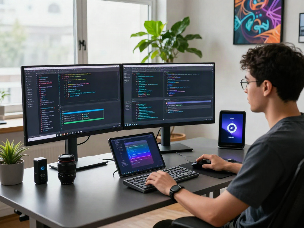 Developer working with spicy chat AI in a modern tech workspace, showcasing innovative coding practices and a creative environment.