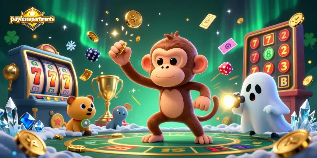 Experience the thrill of paylessapartments with a vibrant casino scene featuring a playful poltergeist monkey.