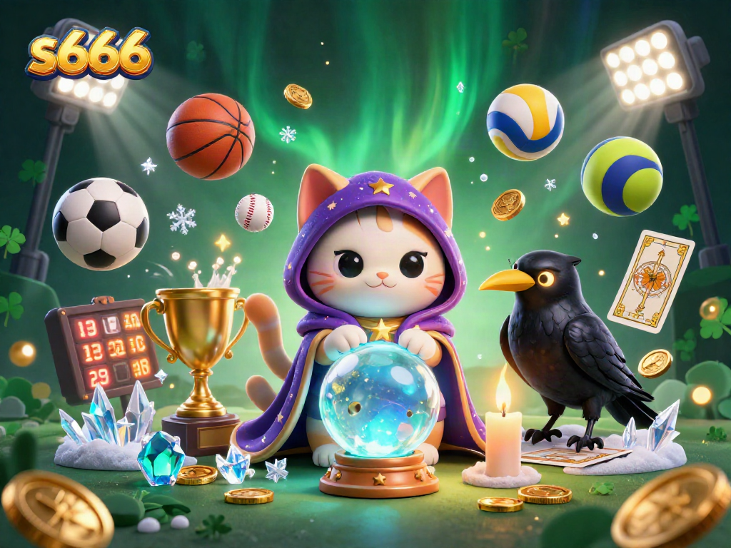 S666 offers a thrilling sports betting experience with vibrant 3D illustrations of fortune teller cat and ravens.