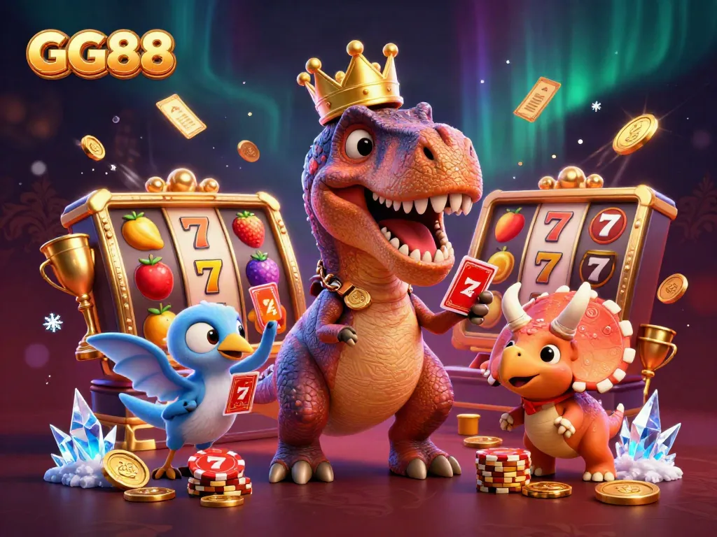 GG88's vibrant casino atmosphere showcases a friendly T-Rex shuffling cards among golden chips and slot reels.