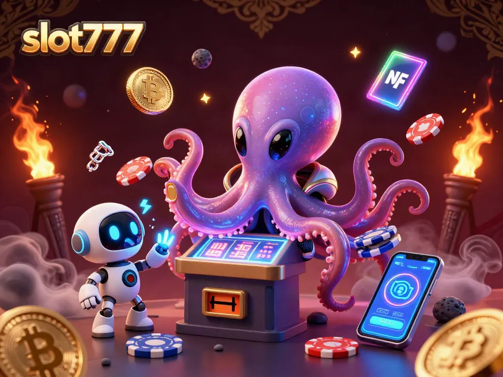 Experience thrilling slots action with slot777 as an octopus wizard operates a holographic machine amidst crypto chaos.