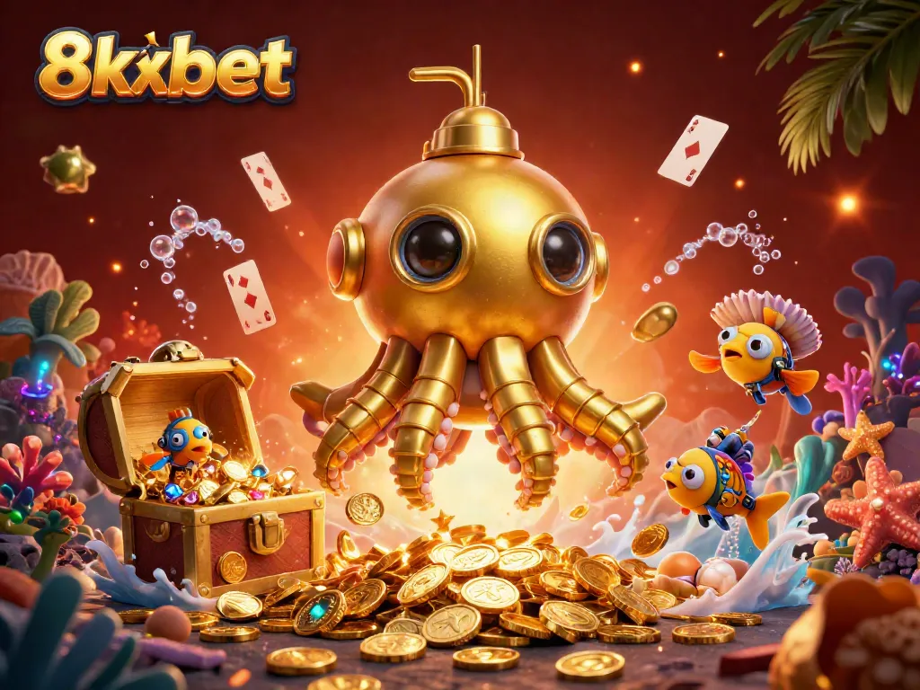 Join the gold rush with 8xbet, featuring a vibrant underwater casino adventure illustration.