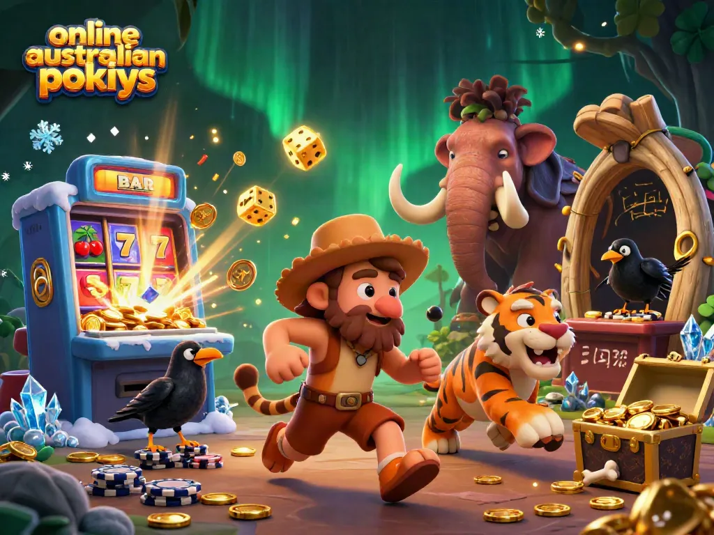 Engage with online australian pokies in a vibrant prehistoric casino scene with dynamic visuals.