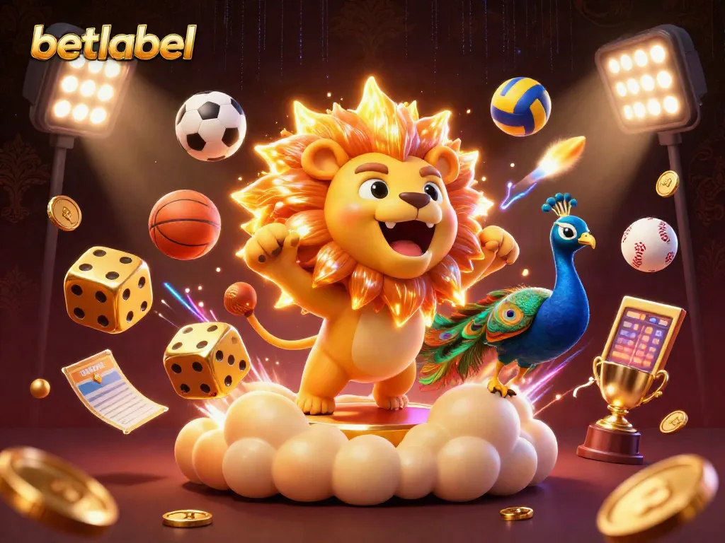 Betlabel casino features a roaring sun lion surrounded by sports elements, an energetic scene of gaming excitement.