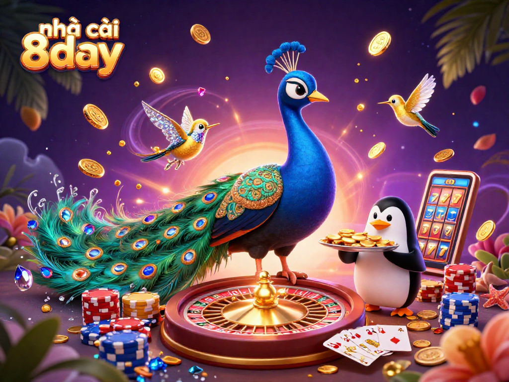 Engage with the vibrant world of nhà cái 8day, featuring a peacock, penguin, and hummingbird in a dynamic casino scene.