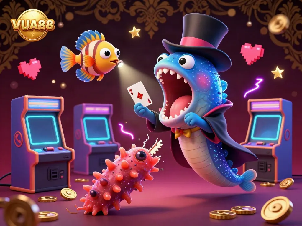 Engage in thrilling casino magic with VUA88's vibrant scene of cartoon sea creatures performing card tricks.