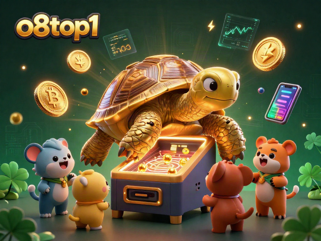 Play thrilling games at o8top1 with a dynamic scene of a casino-themed tortoise and vibrant crypto elements.