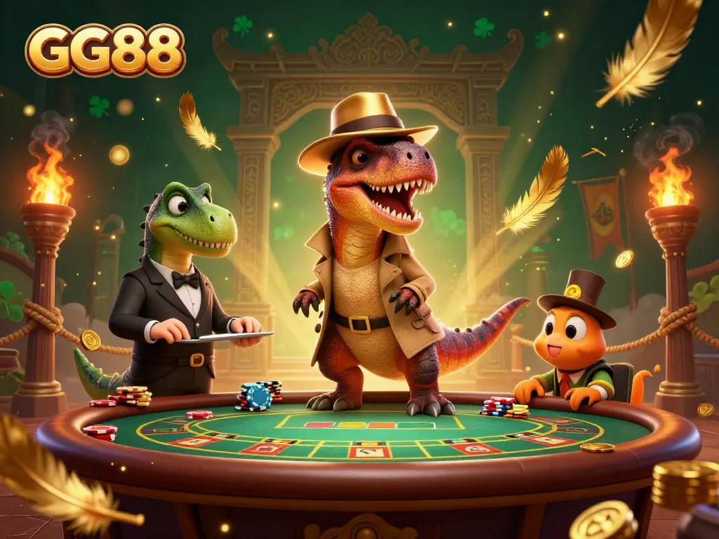 Interact with GG88's vibrant casino scene featuring a velociraptor card counter and stegosaurus pit boss.