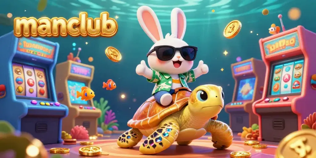 Experience thrilling gaming action at manclub with a lucky rabbit and colorful casino elements.