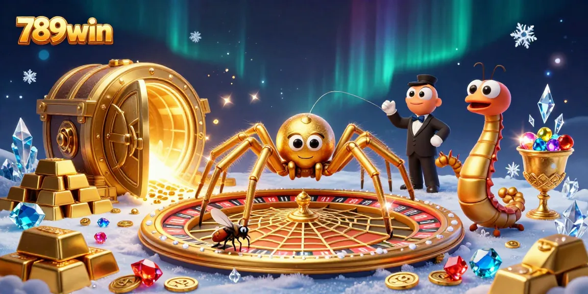 Engage with 789win through a lively casino scene featuring a golden spider and croupier.