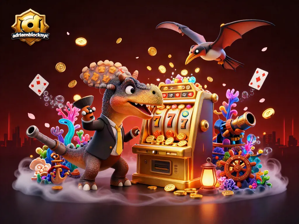 Experience adriaenblocknyc as a dinosaur hits a slot machine for jackpot coins in a vibrant casino scene.