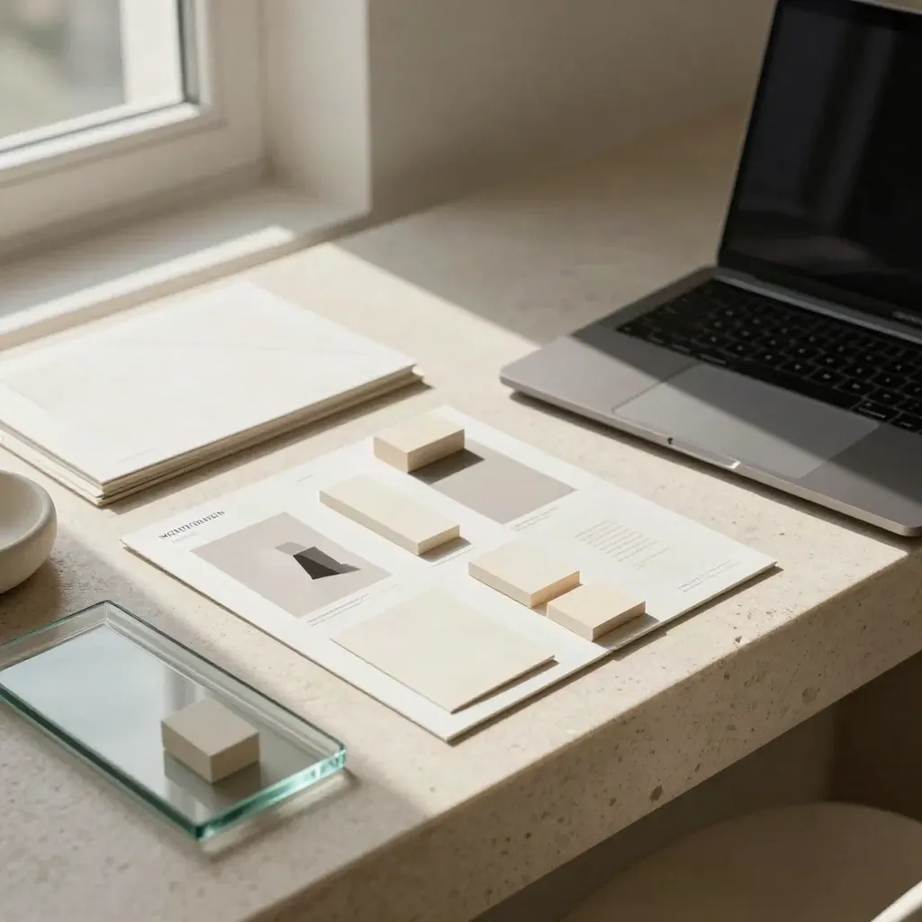 Loft luminoso con laptop chiuso, layout astratti, vetro fumé e ceramica grezza.