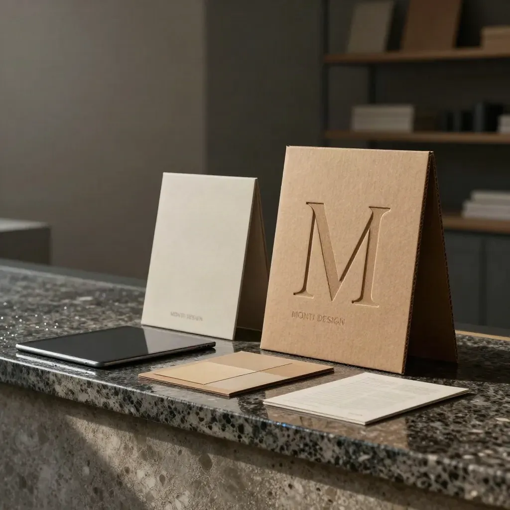 Monogramma in rilievo con campioni e packaging su ledge bagnato, luce mattutina dopo il temporale.
