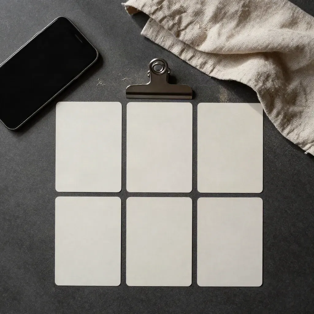 Flatlay di card social, smartphone spento, clip metallica e lino su fondo scuro in movimento.