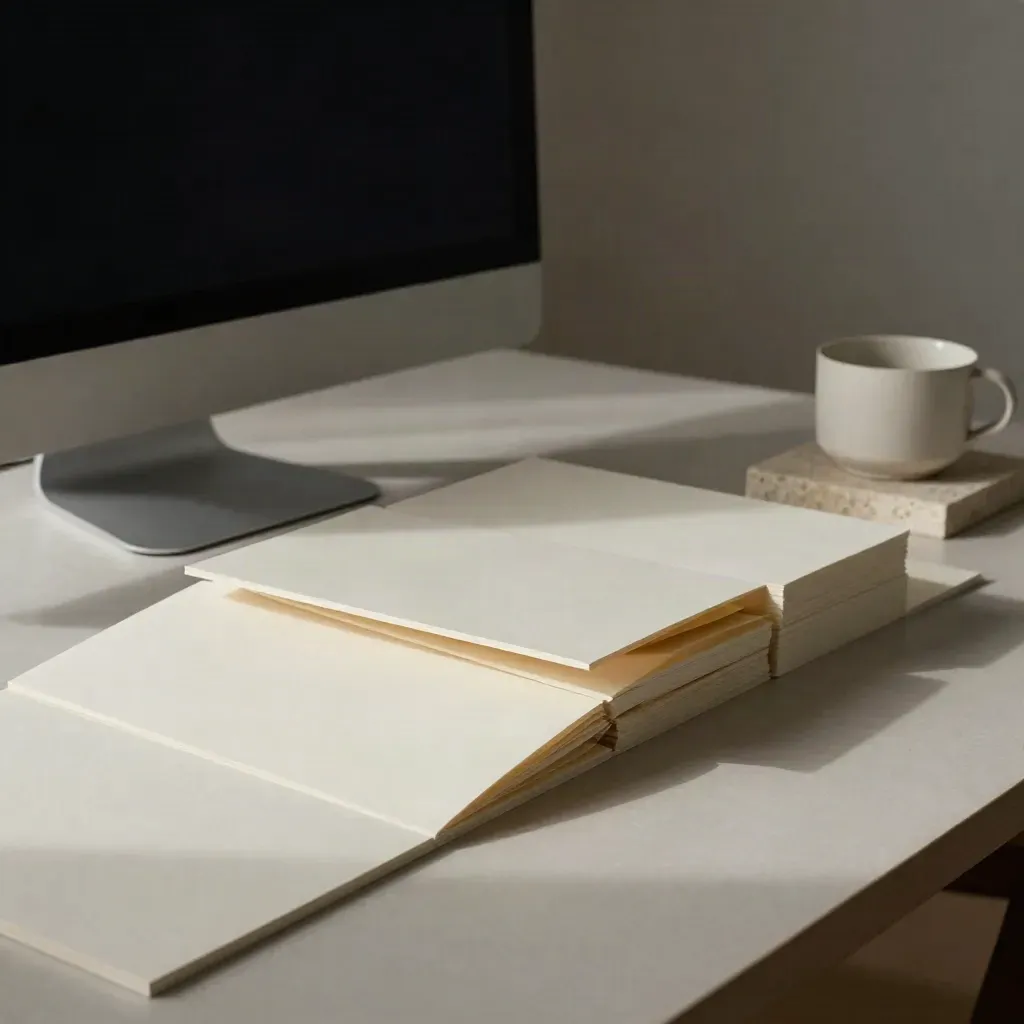 Prototipo di sito servizi con pannelli modulari, monitor spento e tazza opaca su pietra.