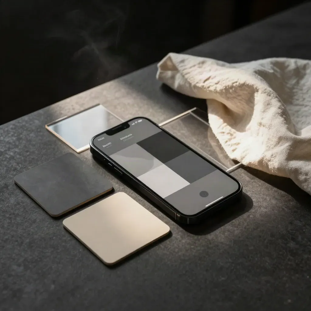 Kit Instagram con mockup telefono, campioni formato, chip colore e tessuto su sfondo carbone.
