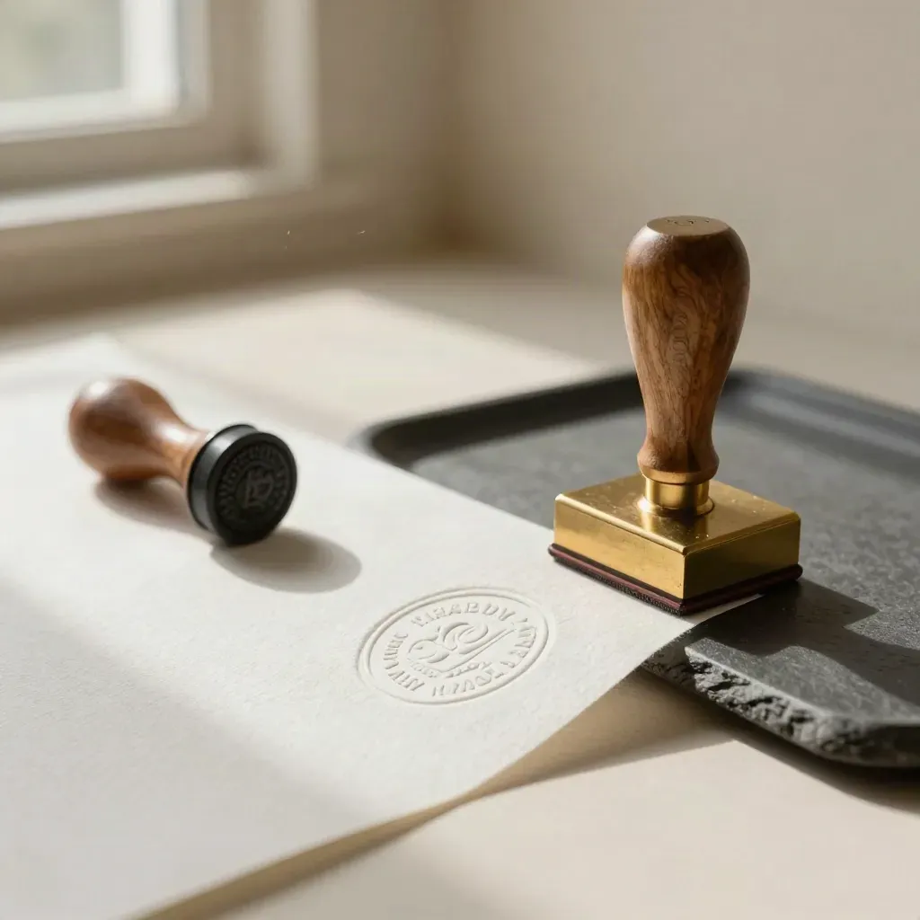 Logo embossato su carta spessa con timbro in gomma e blocco in ottone, luce calda laterale.