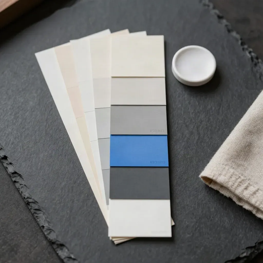Palette di colori con campioni, chip pigmento, disco ceramico e tessuto piegato.