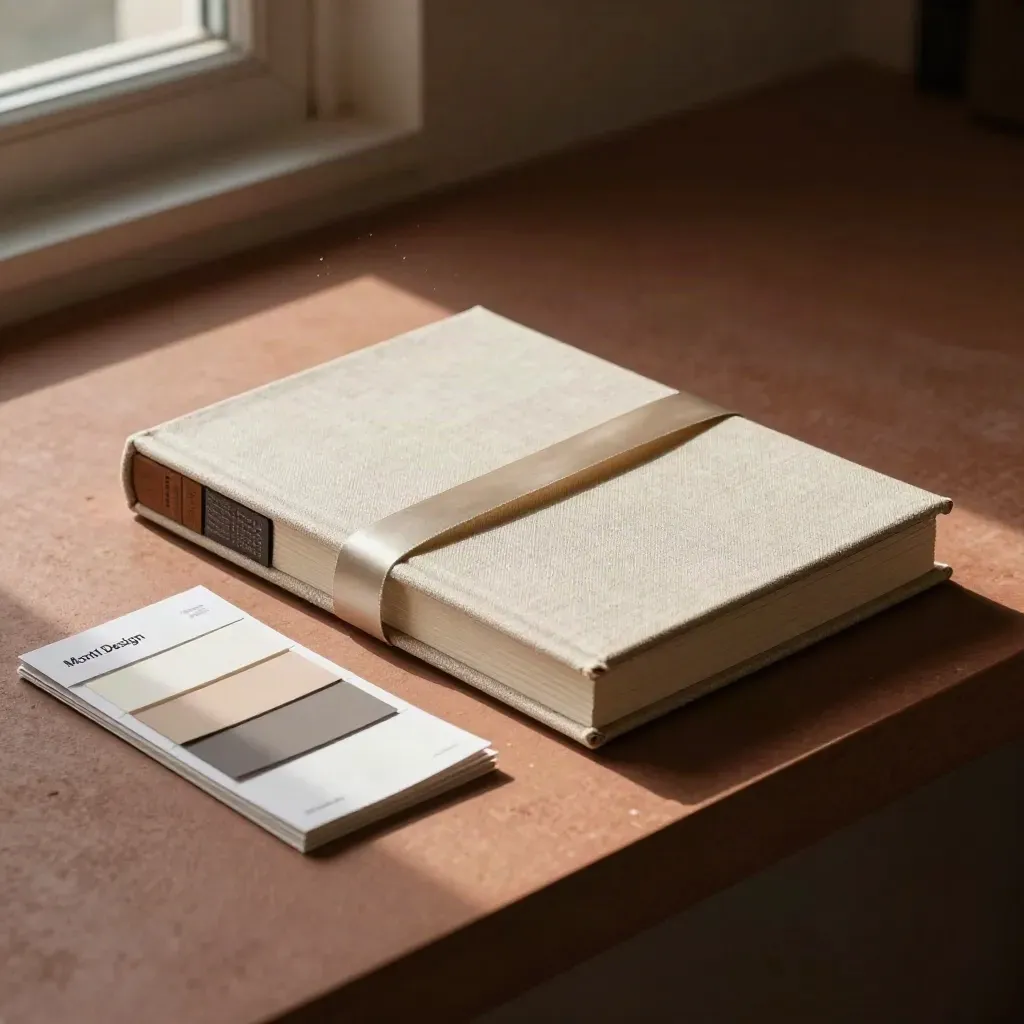 Manuale brand chiuso con pagine bordate, fascetta e tab colorati su piano in terracotta.
