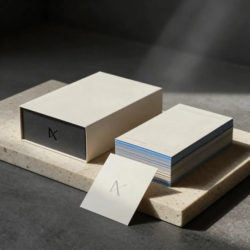 Pile di materiali identità per startup su travertino, luce drammatica e foschia blu.