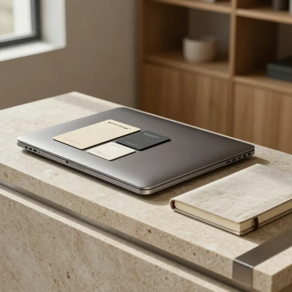 Laptop chiuso, card portfolio e blocco note su travertino, luce finestra calda.