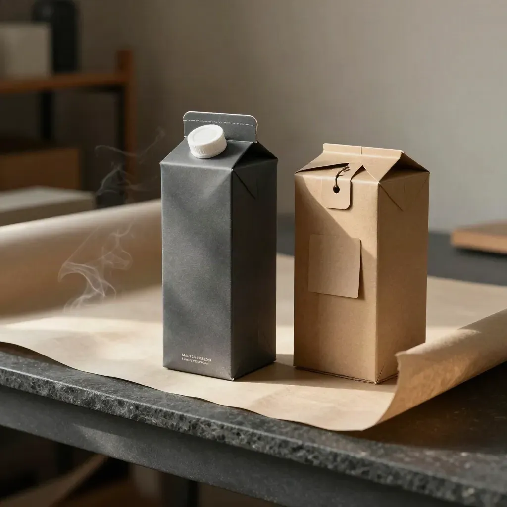 Mockup premium di scatole, etichette e cartellini su piano carbone con luce naturale.