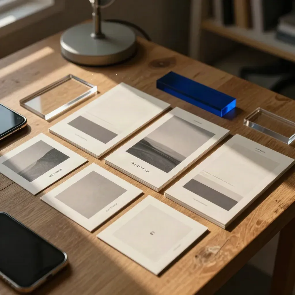 Card social quadrate e verticali, telefono spento e blocchi acrilici in luce calda.