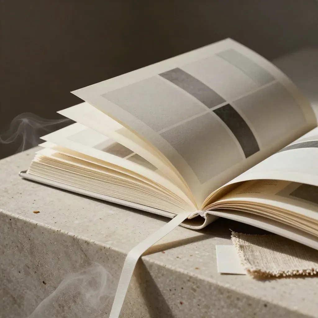 Libretto guida visive aperto con campioni materiali e stoffa su base in travertino.