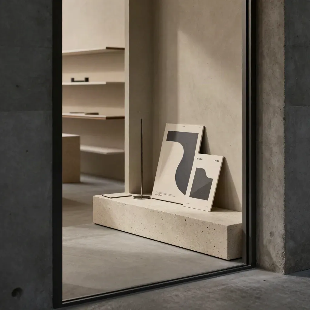 Tablet su basamento in pietra con card homepage astratte in uno studio di design luminoso