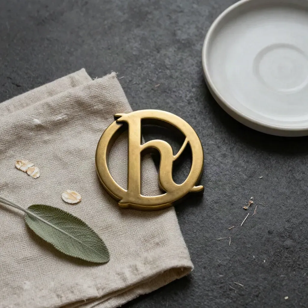 Sigillo logo in ottone su lino, piattino in ceramica e foglia verde su cemento scuro.