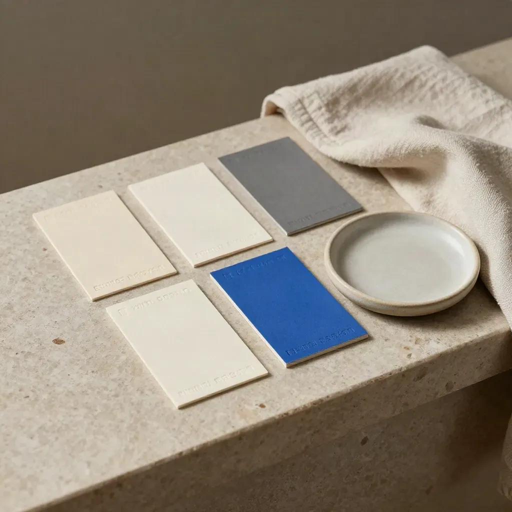 Tavolozza editoriale con campioni colore, disco ceramico e tessuto neutro su pietra chiara.