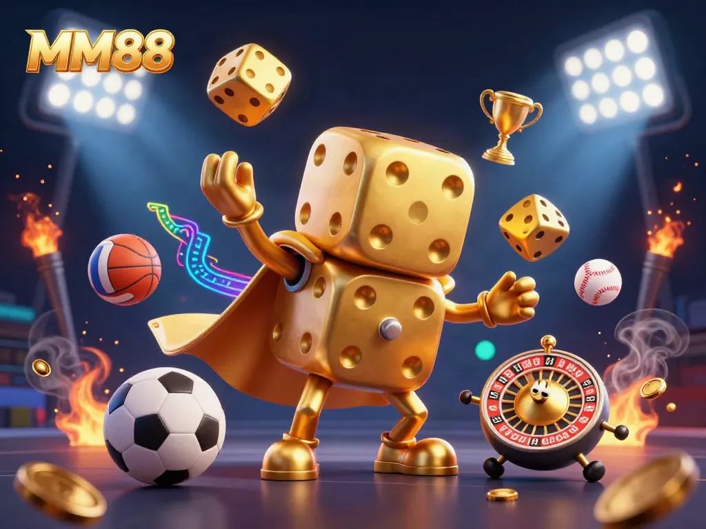 Engage with MM88 in this vibrant 3D illustration showcasing a golden dice golem and dynamic sports elements.