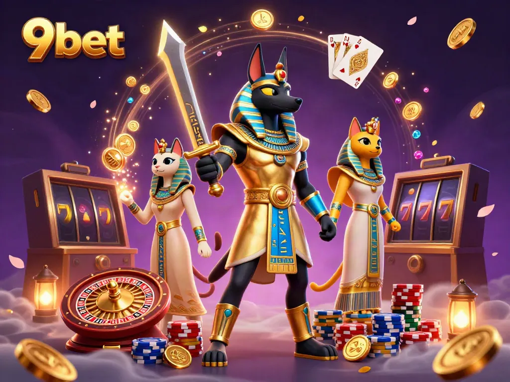 Experience the thrilling world of 9bet with Anubis and Bastet in a vibrant casino scene.