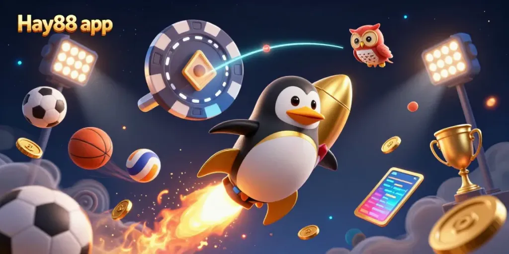 Engage with the exciting Hay88 app, as a golden penguin races through space toward a vibrant casino-themed background.