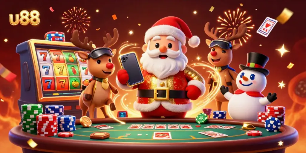 Experience the thrill of u88 online casino with Santa, his reindeer dealer, and a poker chip snowman.