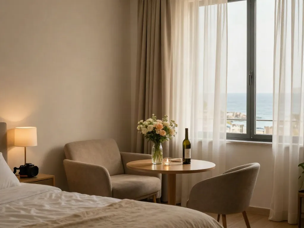 Elegant living room in discreet apartments בחיפה, inviting atmosphere with soft lighting and stylish decor.