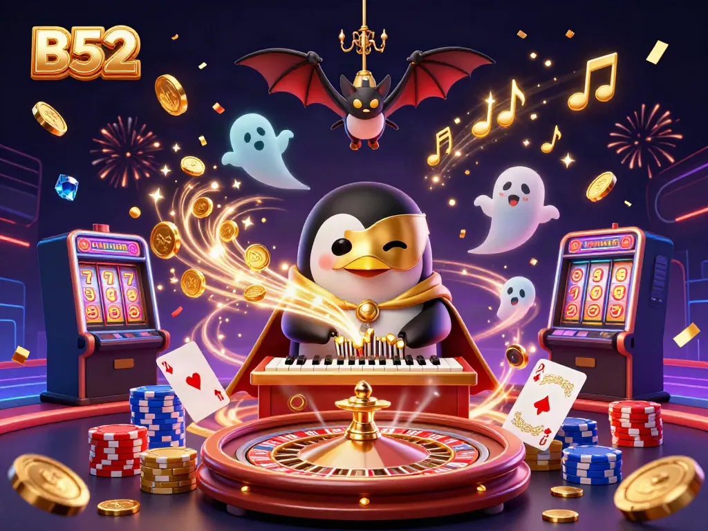 B52 casino scene with cartoon characters celebrating and gaming excitement with coins and sparkling effects