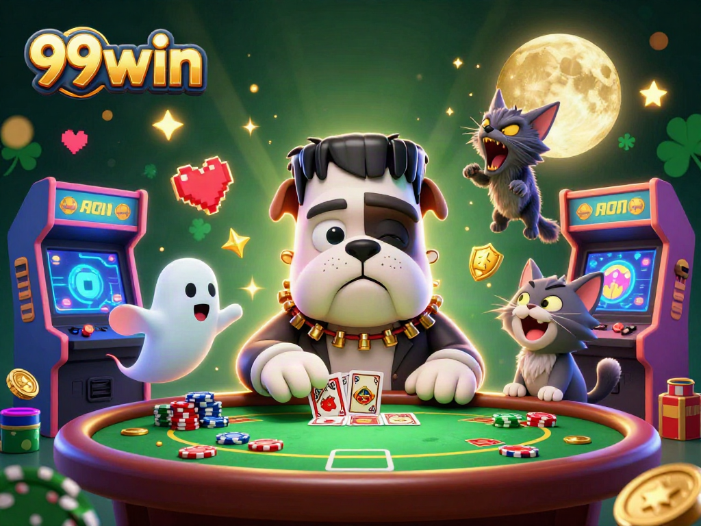 99win brings excitement with a 3D cartoon monster dealing cards in a vibrant casino scene.