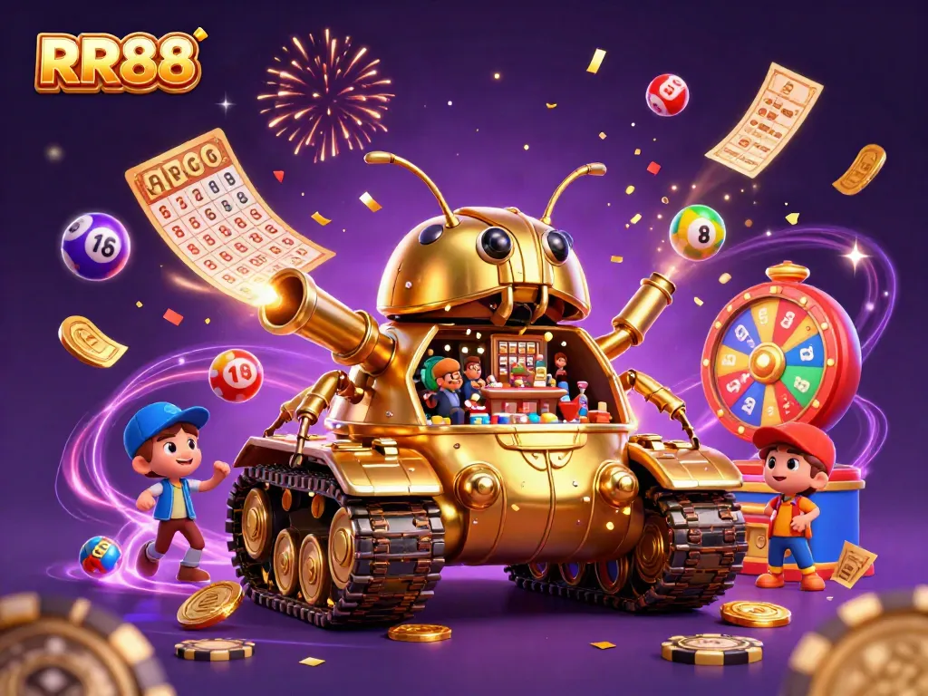 Experience the excitement of RR88 with a golden beetle tank casino exploding with confetti and colorful lottery balls.