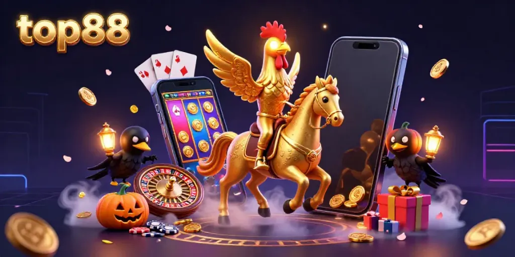 Experience the thrilling adventure of top88 with a dynamic casino scene featuring golden rooster characters and colorful gaming elements.