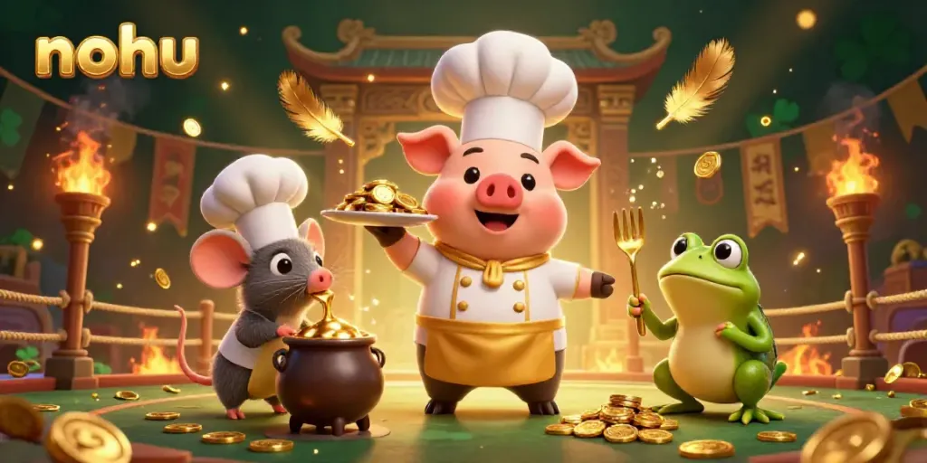 Experience an exciting nohu casino scene with a chef pig, sous-chef mouse, and critic frog serving golden treasures.