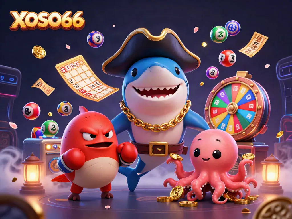 Engage with XOSO66's exciting gaming scene featuring vibrant lottery elements and cartoon characters.