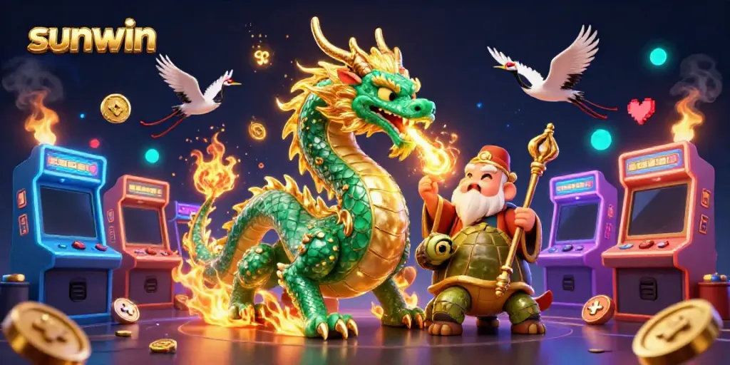 Experience exciting gaming at sunwin with a massive jade dragon, vibrant game elements, and shining gold.