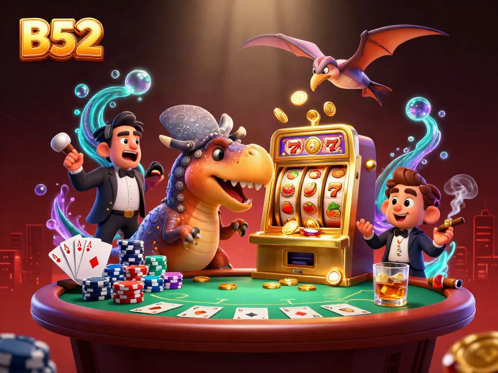 Experience the excitement of B52 slots with a vibrant cartoon scene featuring dinosaurs in a casino.