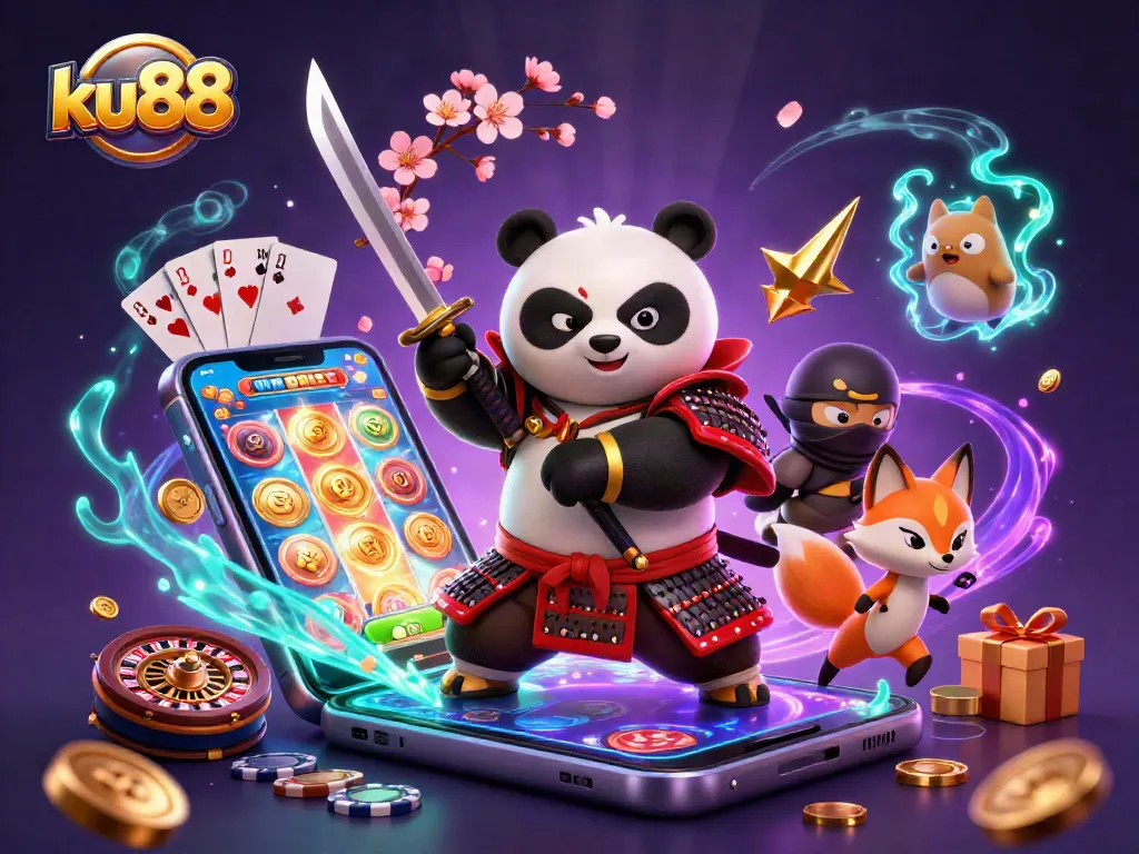Engage with ku88 as vibrant samurai characters celebrate casino wins amidst colorful game elements.