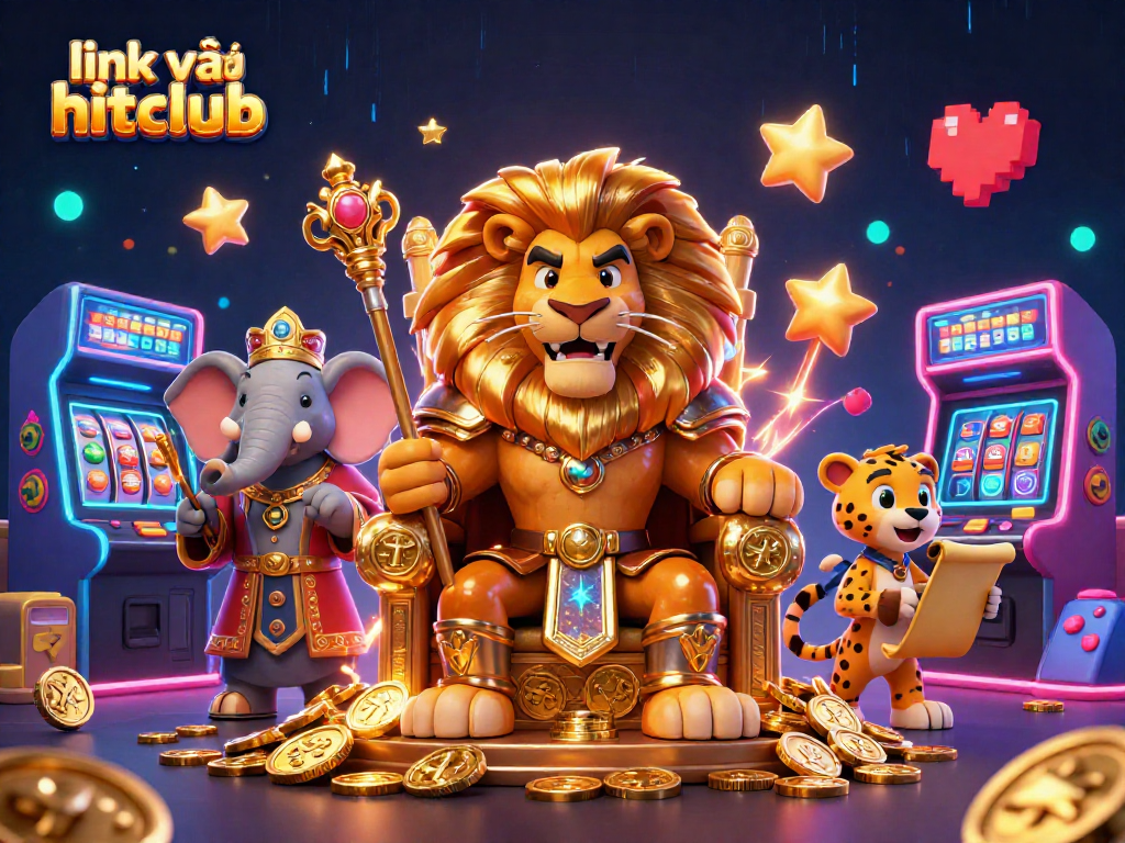 Win big while exploring link vào hitclub slots surrounded by vibrant gaming elements and royal characters.