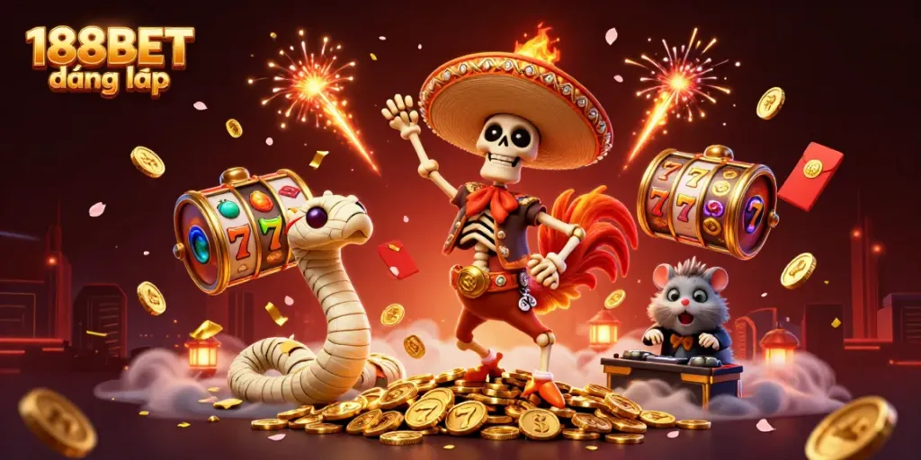 Experience the excitement of 188BET đăng nhập with casino elements and characters celebrating winnings.