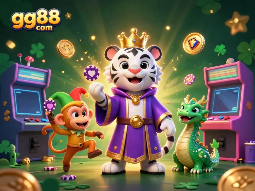 Experience thrilling gameplay at gg88 com as a cartoon white tiger, monkey, and jade dragon celebrate in a vibrant casino backdrop.