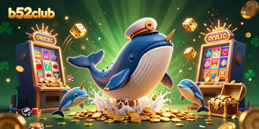 Experience the excitement of b52club with a giant whale, playful dolphins, and slot machine bursting with coins.